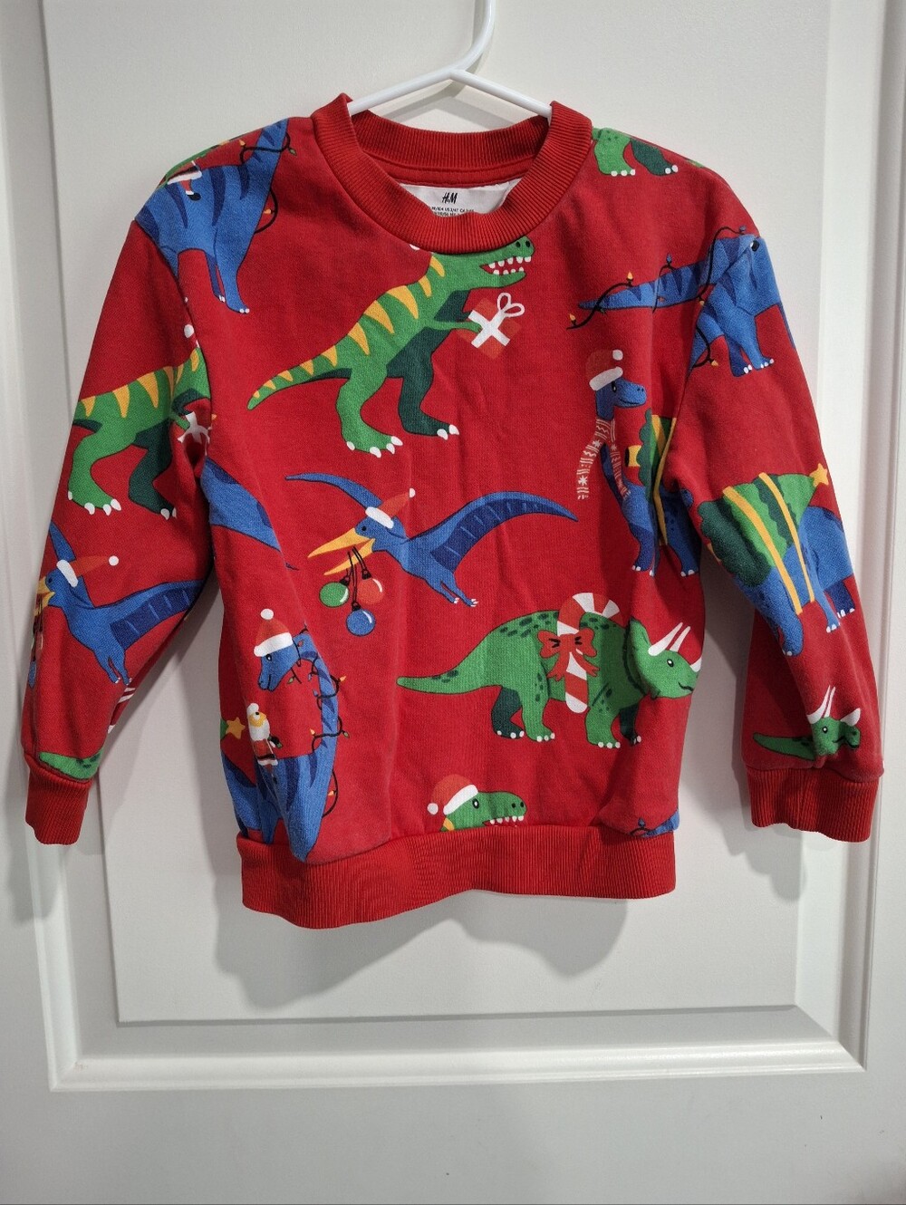 H&M Red Holiday Dinosaur Sweatshirt with Green & Blue Dinosaurs Kids 3/4T
